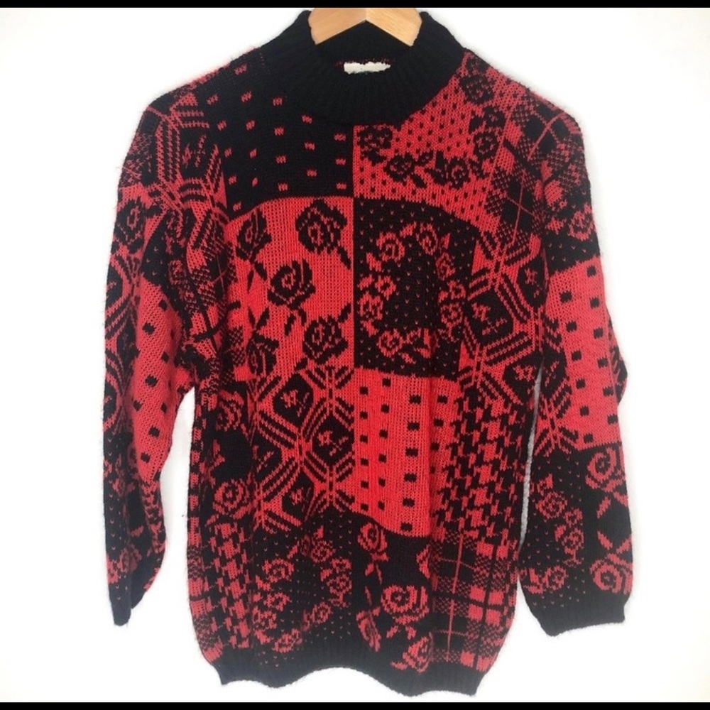 VTG Separate Issue 80s Red & Black Acrylic patchwork grunge turtleneck Sweater